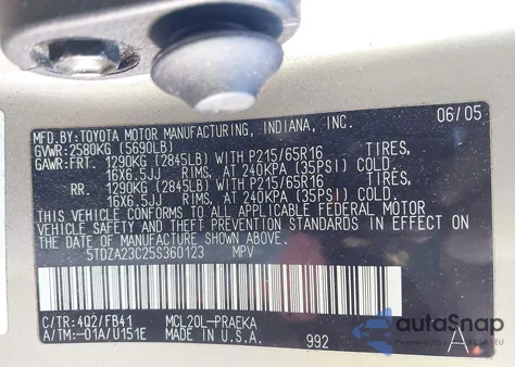 2005 Toyota Sienna Le z USA, uszkodzony, nr VIN 5TDZA23C25S360123